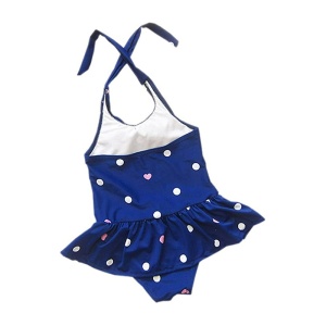 Costum de baie pentru fetite, accesorizat cu bentita elastica, prindere reglabila dupa gat, model body tip fustita, tematica buline vesele, albastru - Img 2