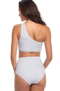 Costum de baie, set 2 piese, model confortabil, sutien tip bustiera si chilot talie inalta, imprimeu cu dungi, tematica summer joy alb cu gri - Img 2