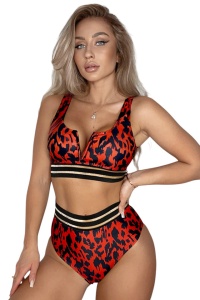 Costum de baie, set 2 piese, model incitant, sutien tip bustiera si chilot talie inalta, detalii semitransparente, tematica sexy summer negru cu rosu, EFYAN