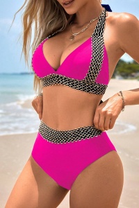 Costum de baie, set 2 piese, model magic, sutien prindere dupa gat si chilot decupaj clasic cu talie inalta, tematica summer queen roz - Img 3