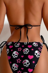 Costum de baie, set 2 piese, model minimalist, imprimeu cute and fun, sutien cupe triunghiulare si chilot decupaj clasic croi ingust reglabil, tematica crazy queen beach negru cu roz - Img 2