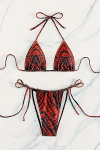 Costum de baie, set 2 piese, model minimalist indraznet, sutien cupe triunghiulare si chilot decupaj clasic croi ingust reglabil, tematica sexy summer rosu - Img 3