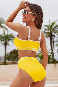 Costum de baie, set 2 piese, model super confortabil cu detaliu de contrast, sutien tip bustiera si chilot talie inalta, tematica happy summer day galben - Img 2