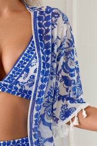 Costum de baie, set 3 piese, model elegant senzual, sutien cupe triunghiulare, chilot decupaj clasic reglabil si cover cu maneci lungi asortat, tematica greek summer albastru cu alb - Img 4