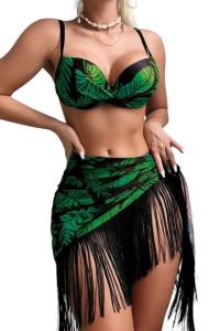 Costum de baie, set 3 piese, model provocator, sutien prindere reglabila, chilot decupaj clasic si cover tip fusta cu franjuri, tematica fantezie de vara negru cu verde