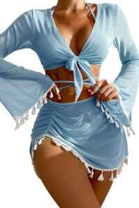 Costum de baie, set 4 piese, model vesel jucaus, accesorii ciucurei, sutien prindere crossbody, chilot decupaj clasic croi ingust, top scurt maneci lungi si fusta scurta semitransparenta, tematica beach party mood albastru deschis