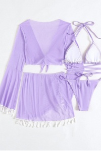 Costum de baie, set 4 piese, model vesel jucaus, accesorii ciucurei, sutien prindere crossbody, chilot decupaj clasic croi ingust, top scurt maneci lungi si fusta scurta semitransparenta, tematica beach party mood mov - Img 4