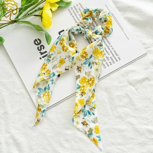 Elastic de par, accesorizat cu funda ponytail, model fantezie cu flori, imprimeu floral, galben - Img 2