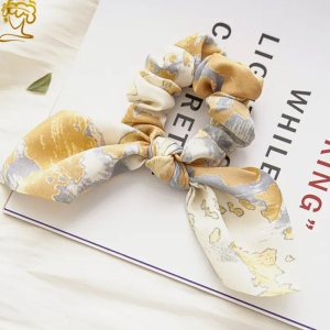 Elastic de par, model funda cu nod fantezie, imprimeu delicat, galben - Img 2