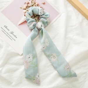Elastic pentru par, model ponytail, imprimeu floral, albastru deschis - Img 2