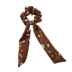Elastic pentru par, model ponytail, imprimeu floral, maro