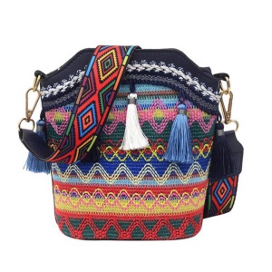 Geanta dama, ciucurei si broderie, model crossbody, piele sintetica, albastru inchis