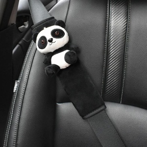 Husa de protectie pentru centura de siguranta auto, pentru copii, model lumea animalelor, din material textil, prindere cu scai velcro, ursulet panda prietenos, alb cu negru - Img 2