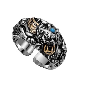 Inel unisex, model chinezesc pixiu, tematica lucky ring, reglabil, argintiu,