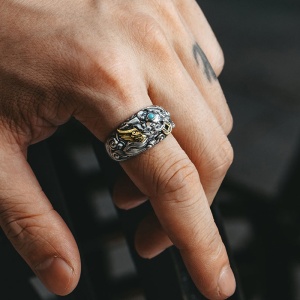 Inel unisex, model chinezesc pixiu, tematica lucky ring, reglabil, argintiu, - Img 2