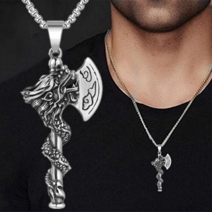 Lant axe master, cu pandantiv topor cu dragon, unisex, argintiu inchis, - Img 3