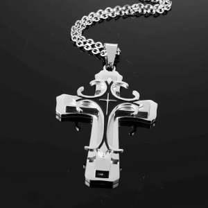 Lant cu pandantiv cruce argintie, negru cu argintiu, unisex - Img 3