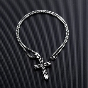 Lant cu pandantiv cruce, M3, unisex, argintiu inchis, - Img 3