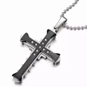 Lant cu pandantiv cruce, negru cu cristale semipretioase, unisex