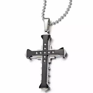 Lant cu pandantiv cruce, negru cu cristale semipretioase, unisex - Img 4
