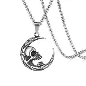 Lant cu pandantiv luna, model deadly moon, unisex, argintiu,