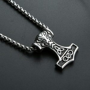 Lant cu pandantiv Mjolnir toporul lui Thor, model viking style, unisex, argintiu, - Img 3
