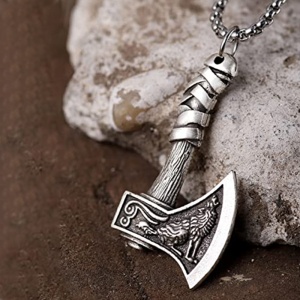 Lant cu pandantiv topor, model viking, unisex, argintiu metalizat, - Img 2