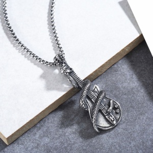 Lant cu tematica rock on music, pandantiv chitara M1 cu sarpe, unisex, argintiu inchis, - Img 4