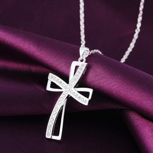 Lant dama, pandantiv cruce cu pietre, model religios, tematica holy cross, argintiu - Img 3