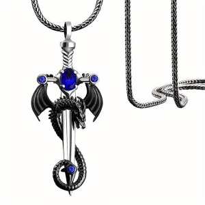 Lant gotic cu pandantiv sabie si dragon, model mitologic fantasy, tematica dragon slayer, unisex, albastru,