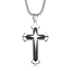 Lant minimalist, cu pandantiv cruce stil modernist, model new age, unisex, negru, - Img 4
