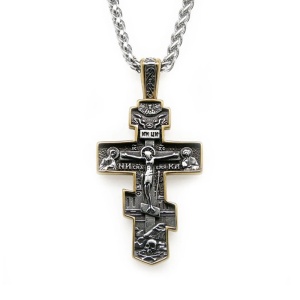 Lant, model crestin, pandantiv cruce, detalii multiple, unisex, auriu,