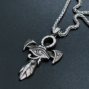 Lant model egiptean, cu pandantiv cruce cu ochiul lui Horus, unisex, argintiu, - Img 2
