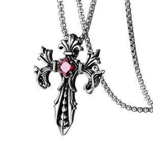 Lant model gotic, pandantiv cruce cu cristal, unisex, rosu,
