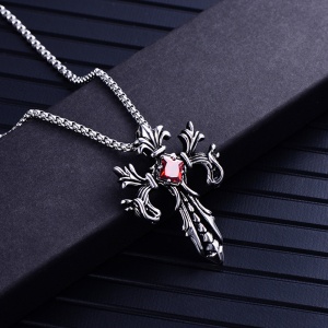 Lant model gotic, pandantiv cruce cu cristal, unisex, rosu, - Img 2