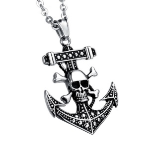 Lant model sailor life, cu pandantiv ancora cu pirate skull, unisex, argintiu,