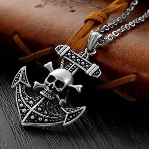 Lant model sailor life, cu pandantiv ancora cu pirate skull, unisex, argintiu, - Img 2