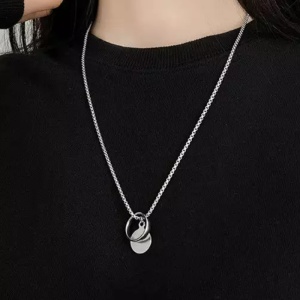 Lant, model steel circle, pandantiv rotund si inel, argintiu, unisex - Img 2
