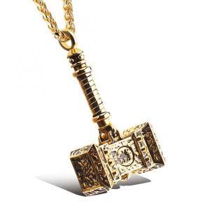 Lant, model vintage mjolnir, pandantiv ciocanul lui Thor, unisex, auriu, - Img 3