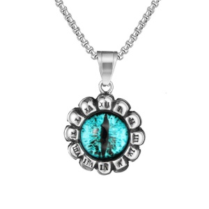 Lant unisex, pandantiv deosebit, model cu ochi de sticla si cifre romane, tematica evil eye, argintiu cu albastru,