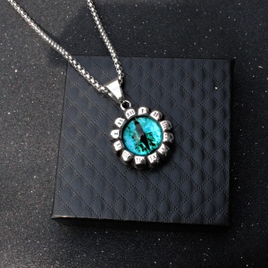 Lant unisex, pandantiv deosebit, model cu ochi de sticla si cifre romane, tematica evil eye, argintiu cu albastru, - Img 2