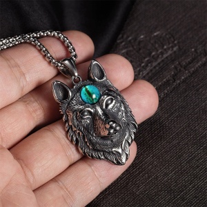 Lant unisex, pandantiv deosebit, model lup cu ochi de demon din sticla, tematica evil beast, argintiu cu albastru, - Img 3