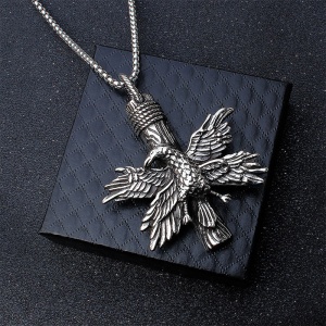 Lant unisex, pandantiv deosebit, model pasare phoenix, tematica rebirth of the mythological bird, argintiu, - Img 2