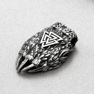 Lant unisex, pandantiv gheara de urs, model cu symbol viking Valknut, tematica bear paw, argintiu, - Img 4