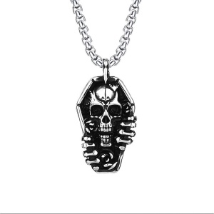 Lant unisex, pandantiv gothic, model retro tip sicriu, tematica grim reaper, argintiu,