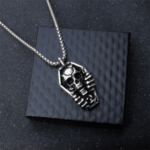 Lant unisex, pandantiv gothic, model retro tip sicriu, tematica grim reaper, argintiu, - Img 2