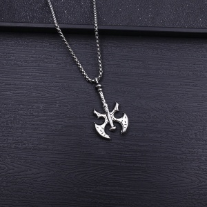 Lant unisex, pandantiv tip topor, model viking, tematica double edge axe, argintiu, - Img 3