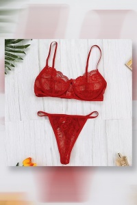Lenjerie sexy 2 piese, sutien si chilot tanga, dantela, rosu - Img 4