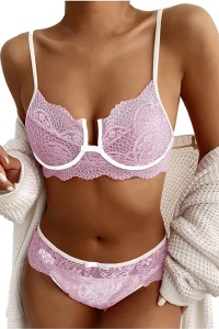 Lenjerie sexy dama, set 2 piese, sutien si chilot, model contrast cu intaritura pe margine, roz - Img 4