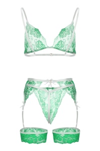 Lenjerie sexy dama, set 3 piese, sutien, portjartier, chilot si jartiere, model senzual din dantela, verde - Img 2
